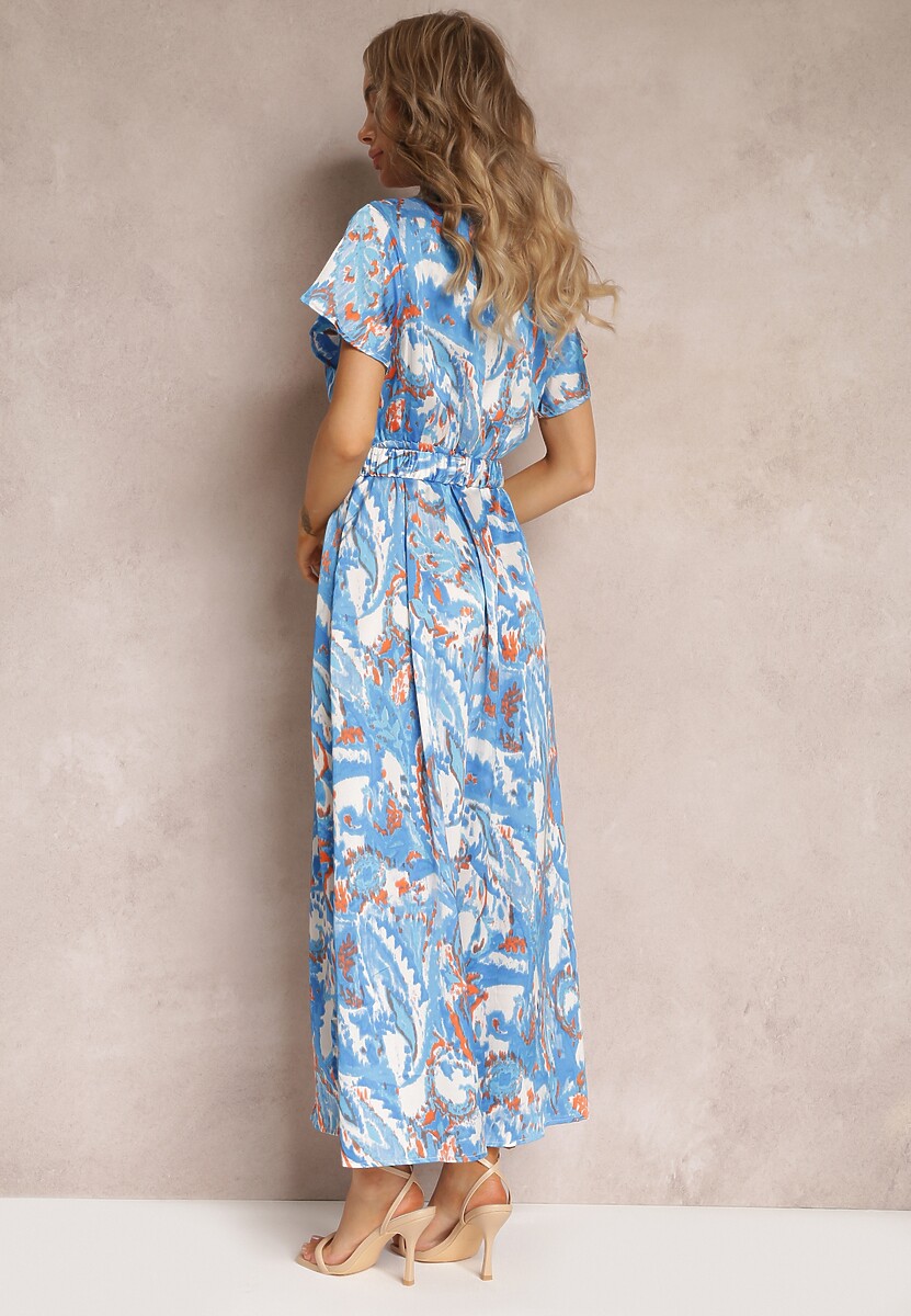 Niebieska Rozkloszowana Sukienka Maxi z Gumką w Talii i Materiałowym Paskiem Tivia