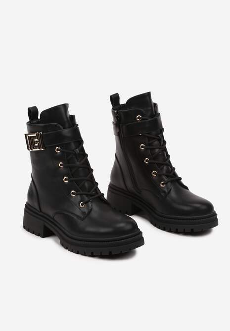 Czarne Botki Workery na Płaskiej Podeszwie Ozdobione Paskiem z Klamrą Betida