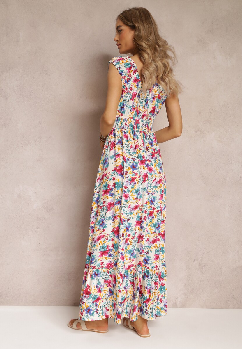 Biało-Czerwona Rozkloszowana Sukienka Maxi w Kwiaty z Gumką w Talii i przy Dekolcie Eirerene