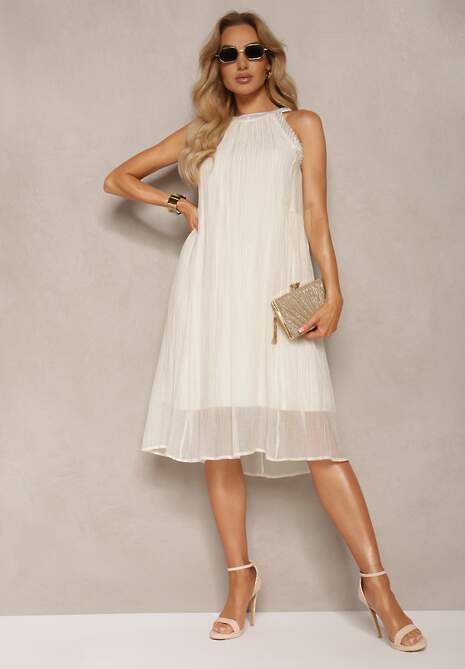 Jasnobeżowa Koktajlowa Sukienka bez Rękawów z Ozdobnymi Perełkami i Falbankami Hilalia