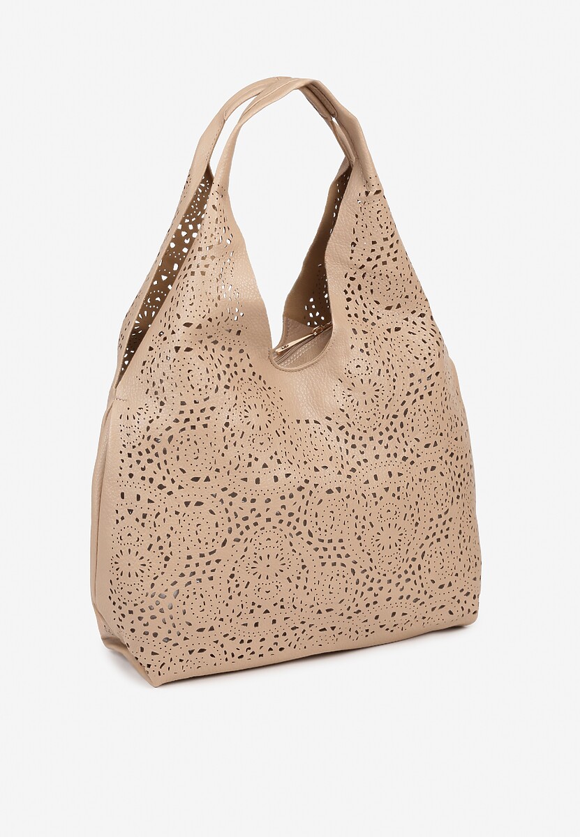 Ciemnobeżowa Torebka Hobo Zdobiona Ażurową Perforacją z Dodatkową Saszetką Frolana