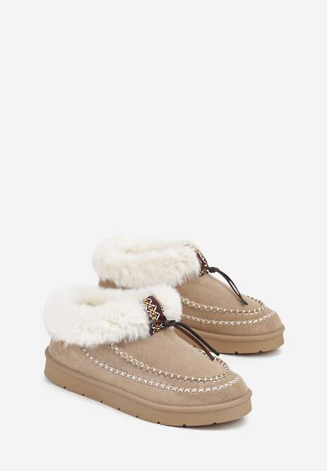 Ciemnobeżowe Śniegowce na Platformie Ozdobione Haftem i Futerkiem Linedis