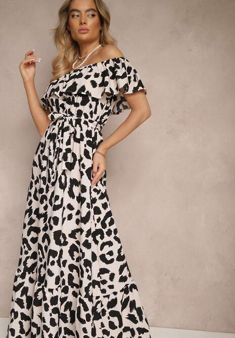 Jasnobeżowa Sukienka Hiszpanka w Panterkę o Rozkloszowanym Kroju z Paskiem Calirne