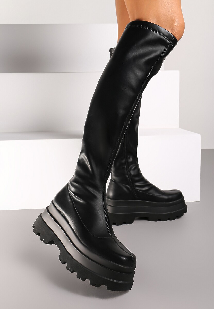 Czarne Caualowe Kozaki w Stylu Muszkieterek na Platformie Leniefra