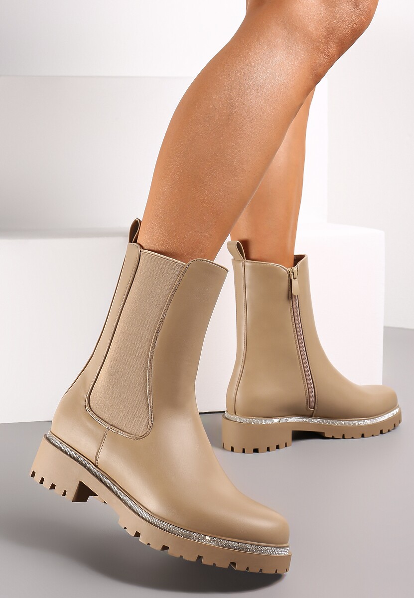 Ciemnobeżowe Botki Sztyblety z Podeszwą z Protektorem Avelintis