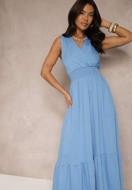 Niebieska Rozkloszowana Sukienka o Kopertowym Fasonie z Gumką w Talii Filadira