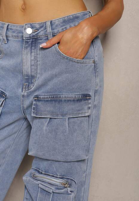 Niebieskie Spodnie High Waist z Prostymi Nogawkami i Ozdobnymi Kieszeniami Quliana
