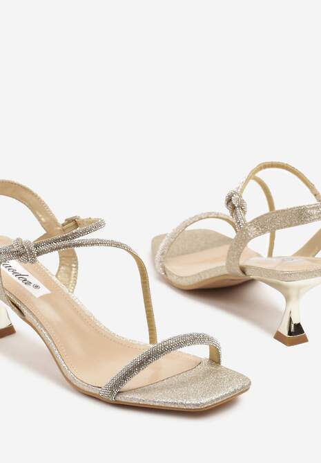 Złote Sandały na Ozdobnym Obcasie z Cyrkoniami na Paseczkach Emkio