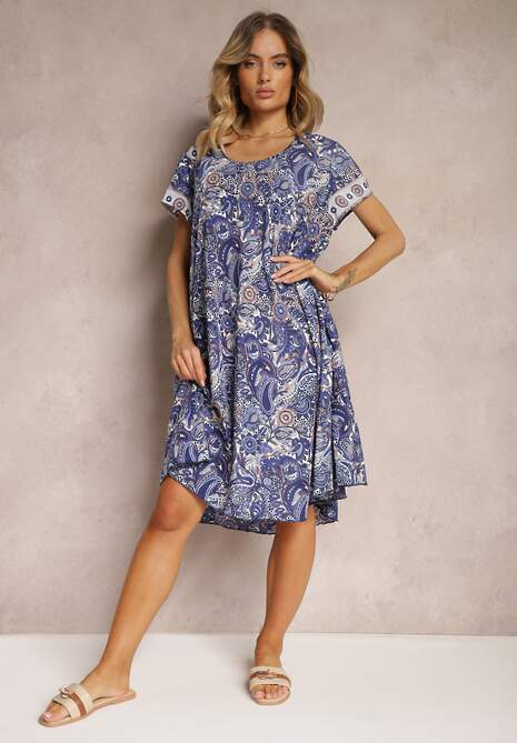 Granatowa Sukienka Boho z Wiskozy z Cienkim Paskiem w Talii Rivasea