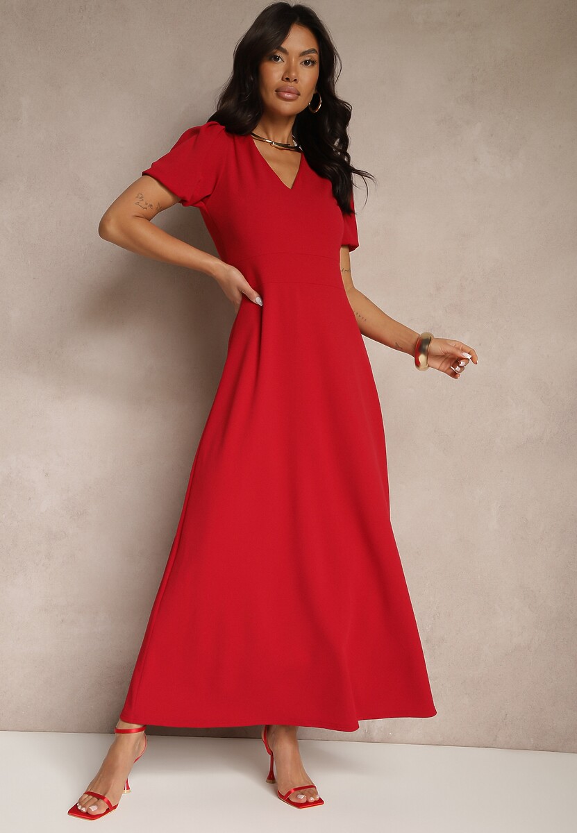 Niebieska Rozkloszowana Sukienka z Lekko Bufiastymi Rękawami i Dekoltem V Efrusae