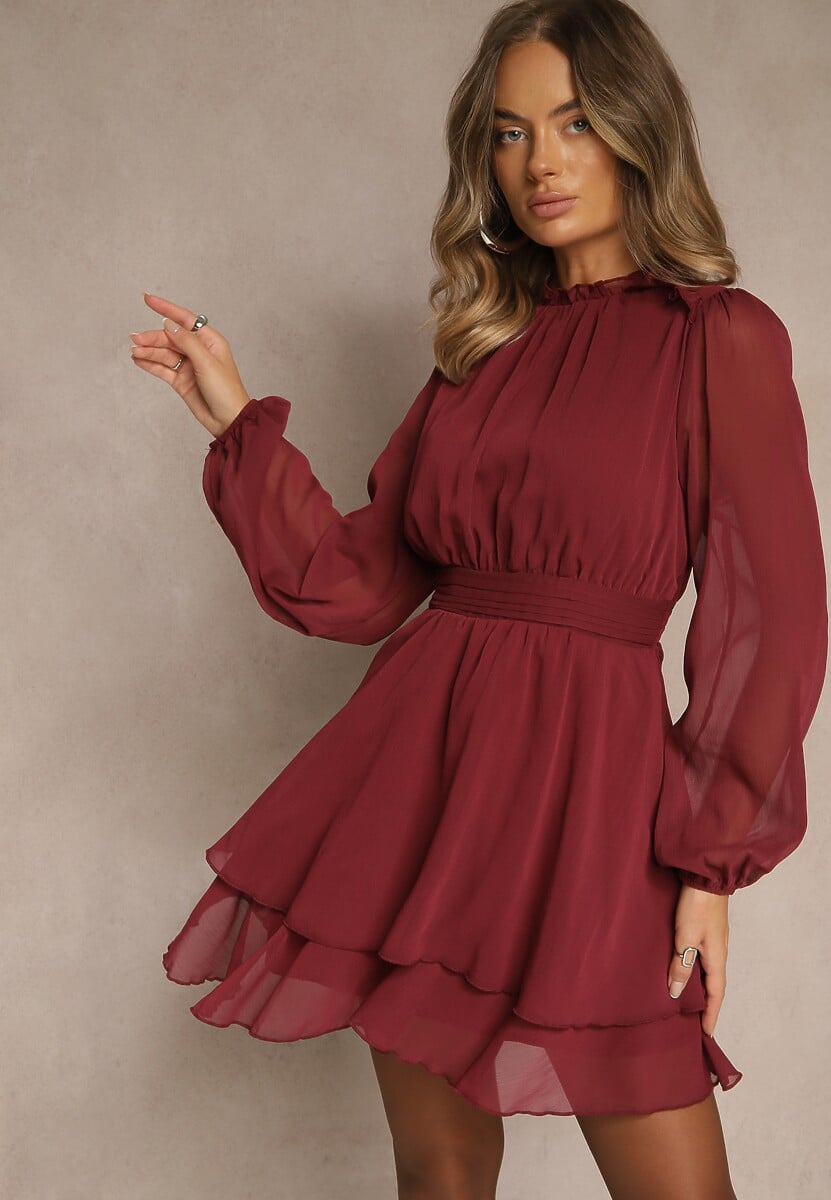 Brązowa Sukienka z Siateczki o Rozkloszowanym Kroju z Bufiastymi Rękawami Aziva