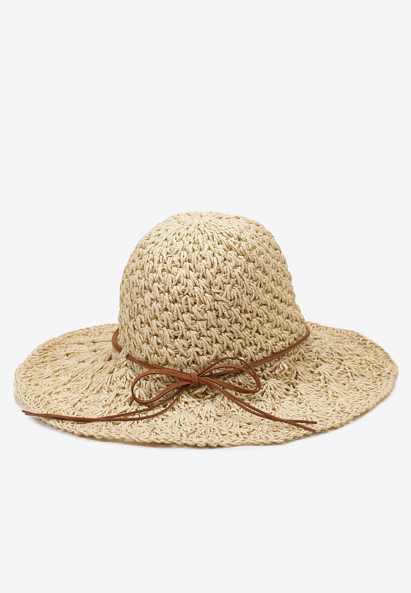 Ciemnobeżowy Szeroki Casualowy Kapelusz z Plecionki Ozdobiony Sznurkiem Nohsi