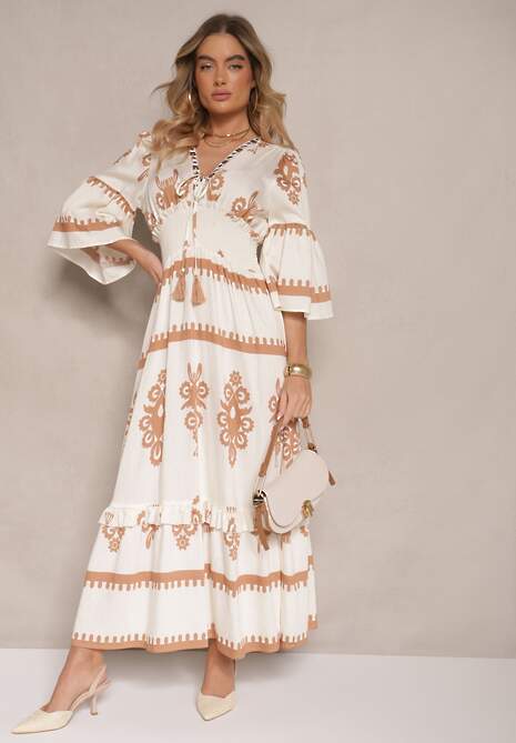 Beżowa Boho Sukienka z Wiskozą z Szeroką Gumką w Talii w Etniczny Wzór Efalios