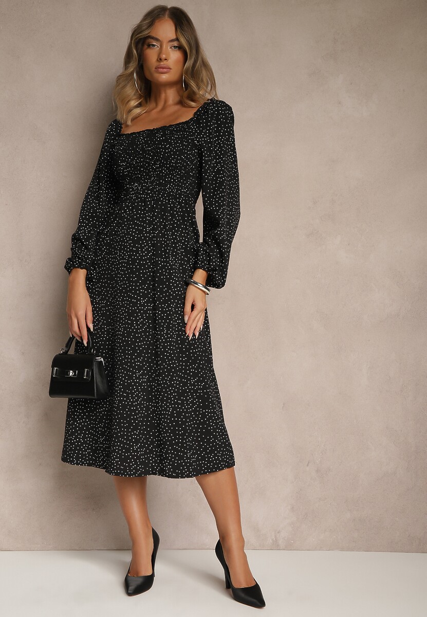 Czarna Rozkloszowana Sukienka Midi w Kropki z Hiszpańskim Dekoltem Lusena