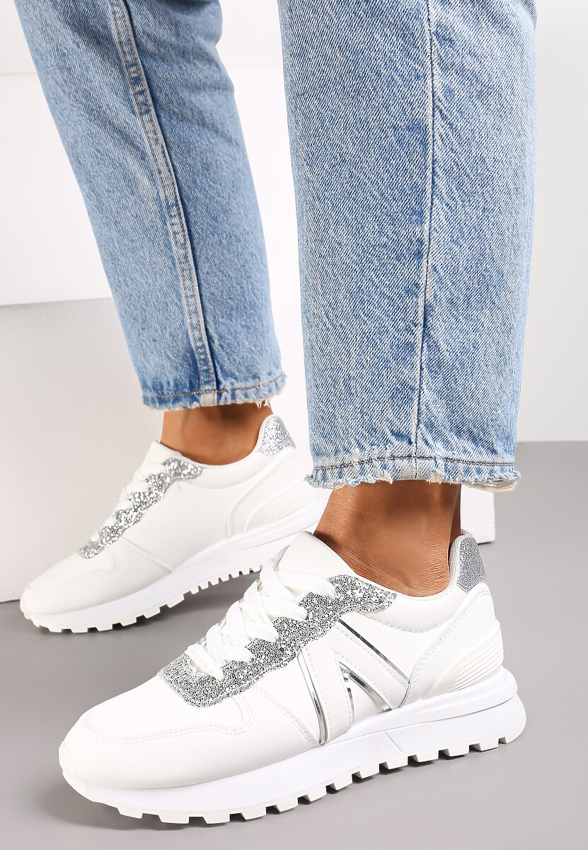 Białe Sneakersy z Brokatem przed Kostkę Skylara