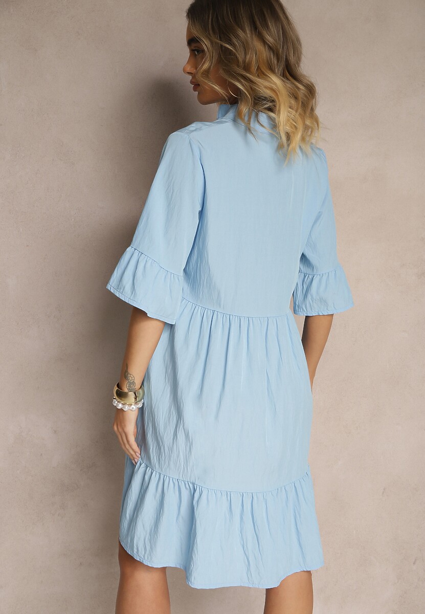 Jasnoniebieska Rozkloszowana Sukienka z Wiskozą i Falbanami Eviranna