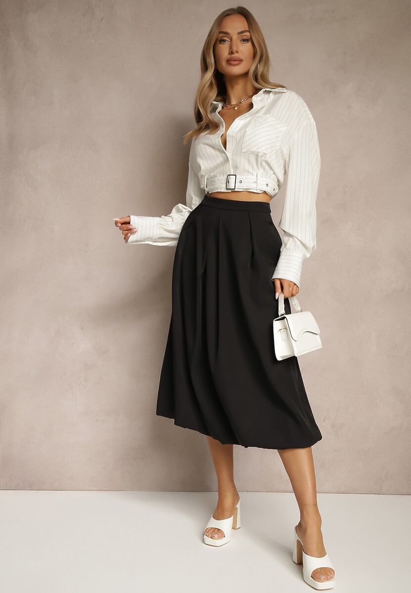 Czarna Rozkloszowana Spódnica z Wiskozą Zdobiona Zakładkami Volnira