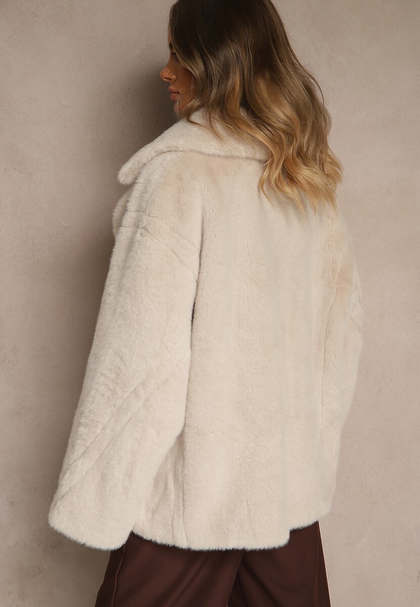 Beżowa Dwurzędowa Kurtka Futerko o Fasonie Oversize Manella