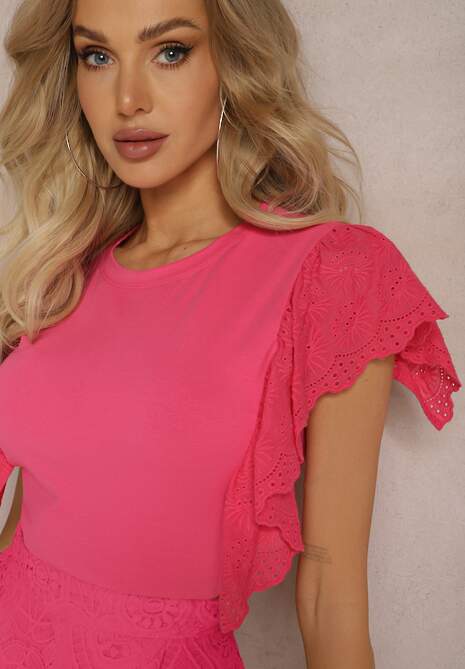 Różowa Bluzka z Bawełny Ozdobiona Haftowanymi Wstawkami na Rękawach Tainre