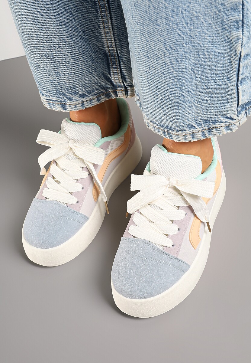 Niebiesko-Beżowe Sneakersy na Platformie z Geometrycznym Wzorem Kornelna