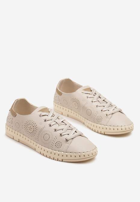 Beżowe Ażurowe Tenisówki z Ozdobnymi Przeszyciami przy Podeszwie Zarelle
