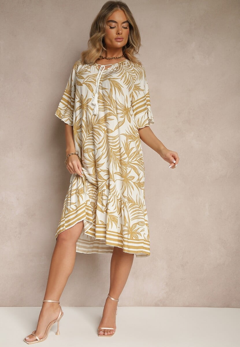 Zielona Pudełkowa Sukienka Zdobiona Roślinnym Printem i Wiązaniem przy Dekolcie Miranissa