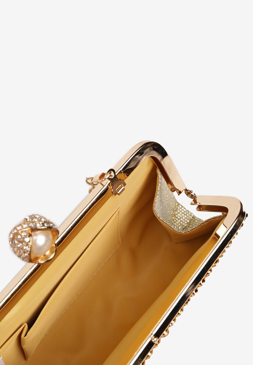 Złota Torebka Kopertówka Ozdobiona Perełką i Cyrkoniami  Minisme