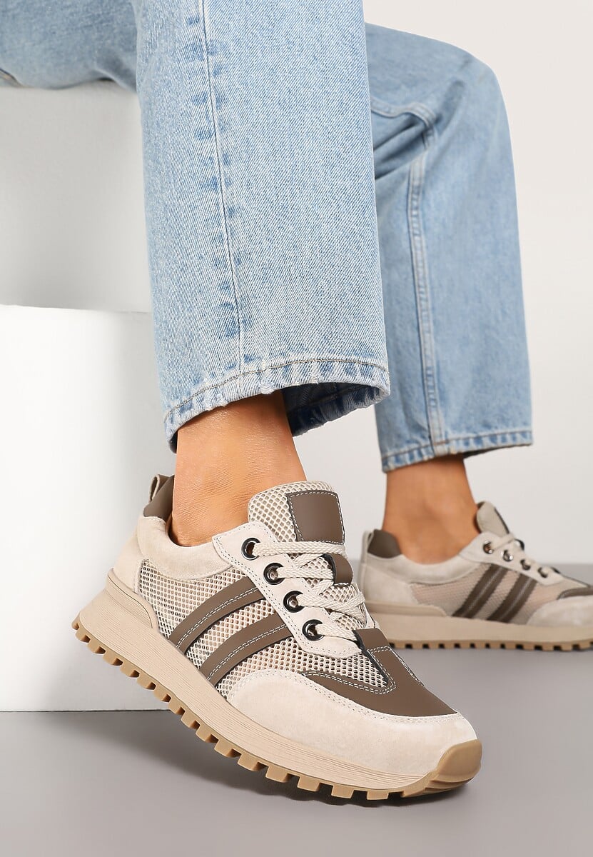 Beżowo-Brązowe Sneakersy z Wkładką ze Skóry Naturalnej w Paski Lenirna