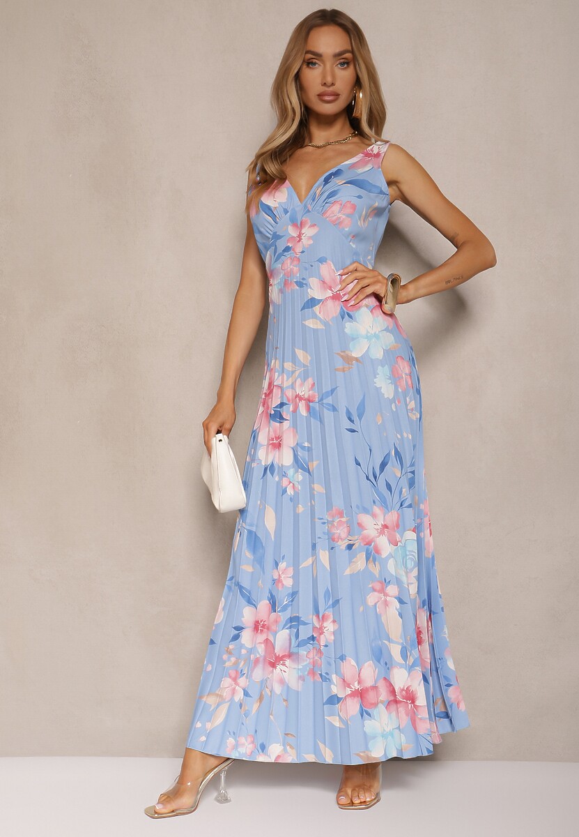 Niebieska Plisowana Sukienka o Rozkloszowanym Fasonie na Szerokich Ramiączkach Nitanela