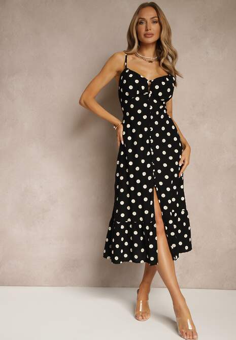 Czarna Sukienka z Wiskozy w Grochy o Taliowanym Kroju na Ramiączka Lavilsa