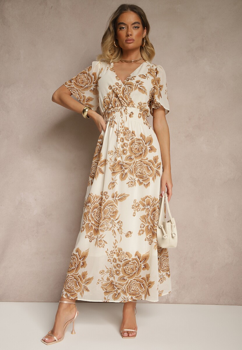 Jasnobeżowa Rozkloszowana Sukienka z Wiązaniem w Kwiatowy Wzór Jeloiti