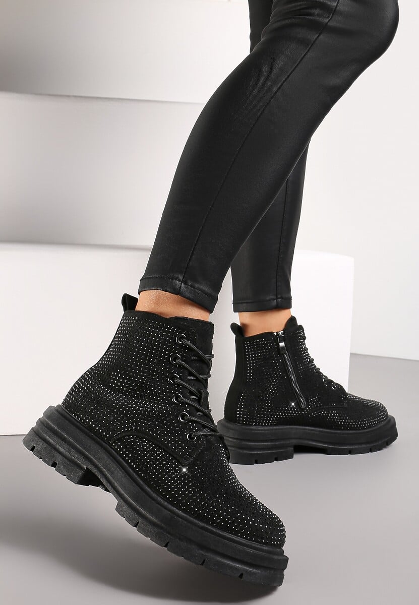 Czarne Wiązane Botki na Grubej Podeszwie w Cyrkonie Celebria