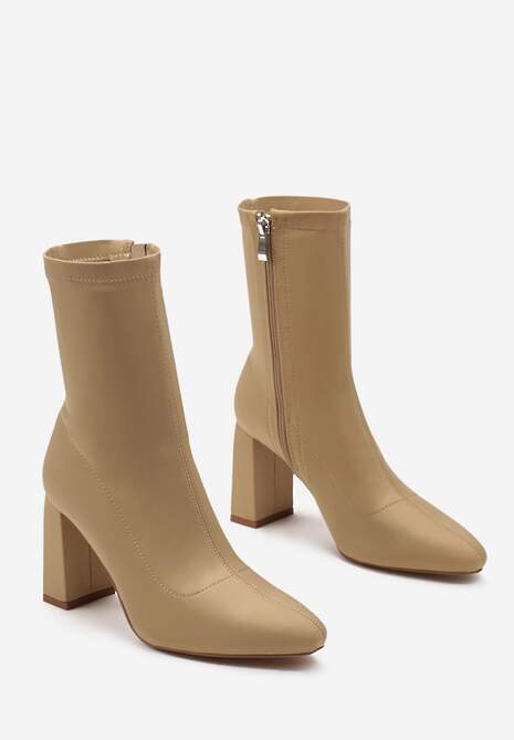 Ciemnobeżowe Casualowe Botki z Elastyczną Cholewką za Kostkę na Słupku Seliona