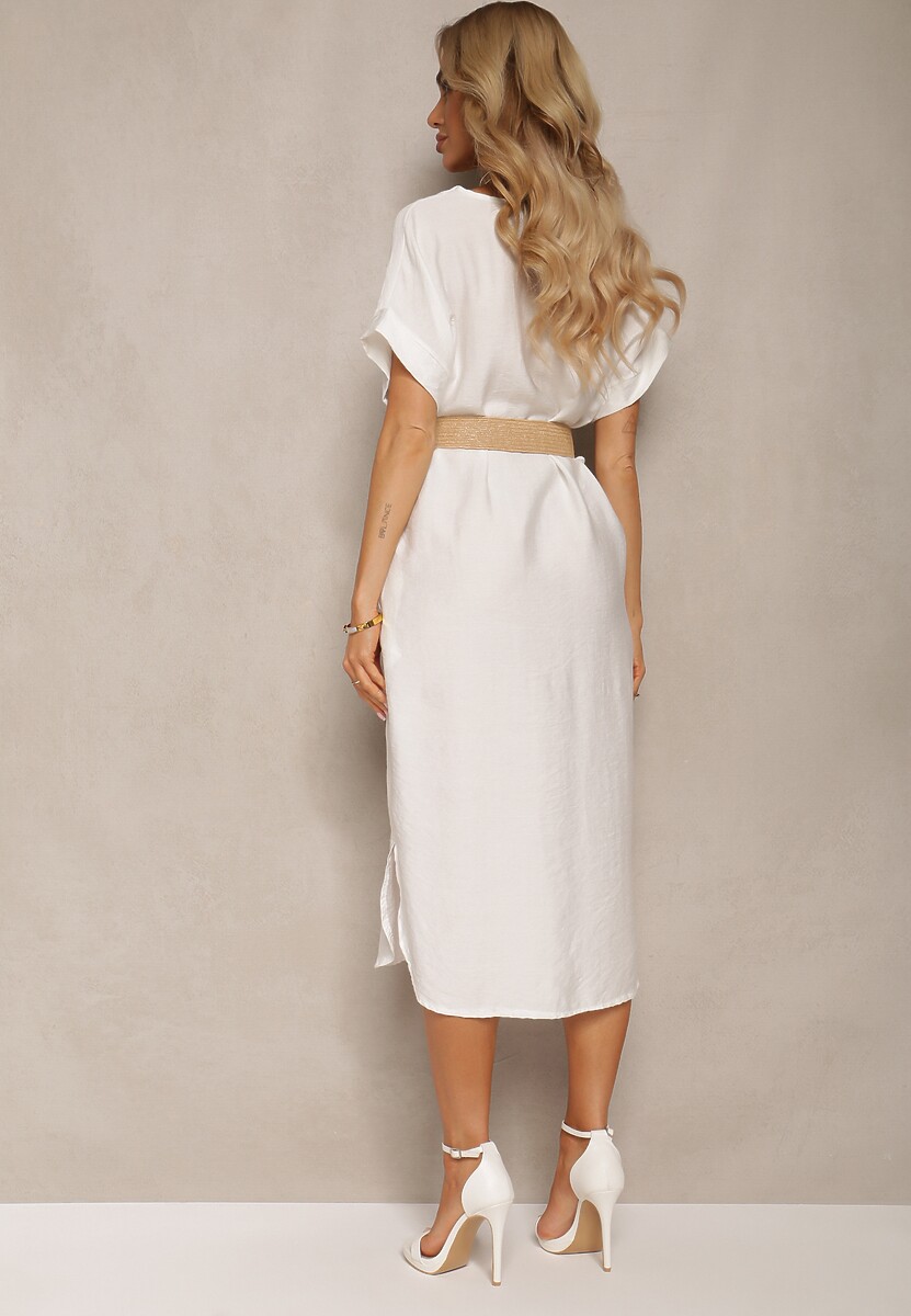 Biała Sukienka z Wiskozy z Trójkątnym Dekoltem i Paskiem z Plecionki Diremia