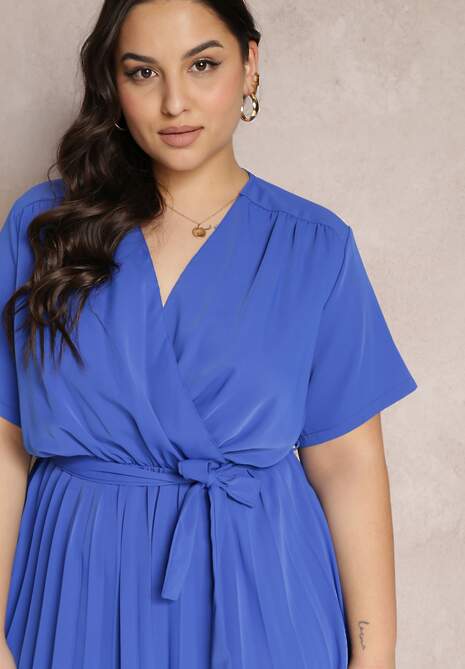 Niebieska Sukienka z Gumką w Pasie i Kopertowym Dekoltem Azrah