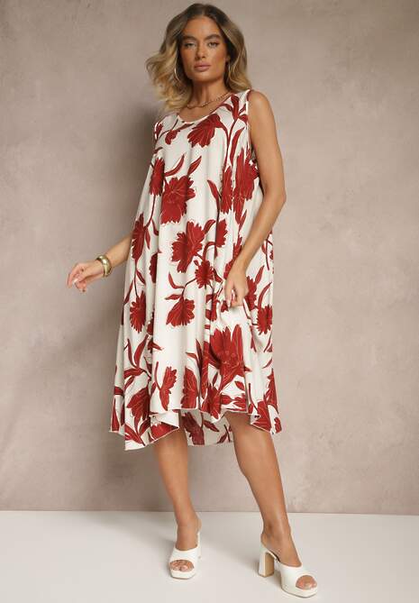 Bordowa Sukienka Bez Rękawów z Tkaniny Wiskozowej w Kwiaty Orrivia