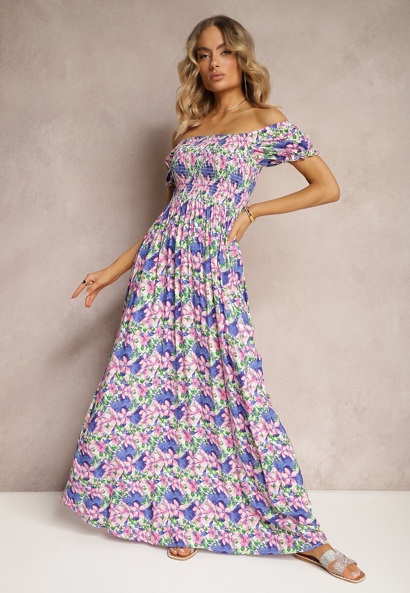 Fioletowo-Zielona Hiszpanka Sukienka o Rozkloszowanym Kroju i Gumkami przy Dekolcie Kaseria