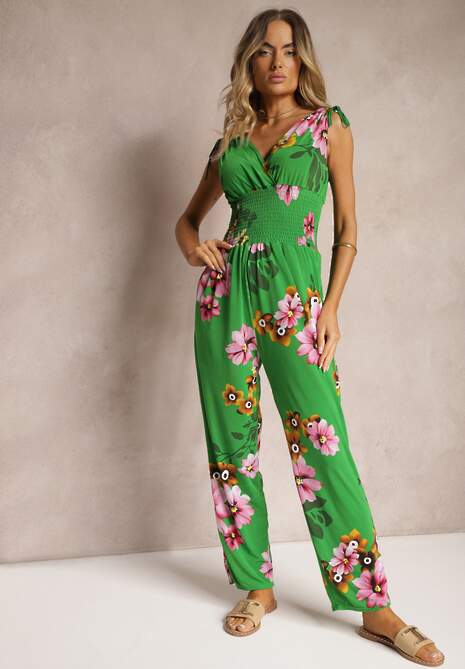 Zielony Kombinezon z Ściągaczami na Ramionach w Kwiatowy Wzór Almora