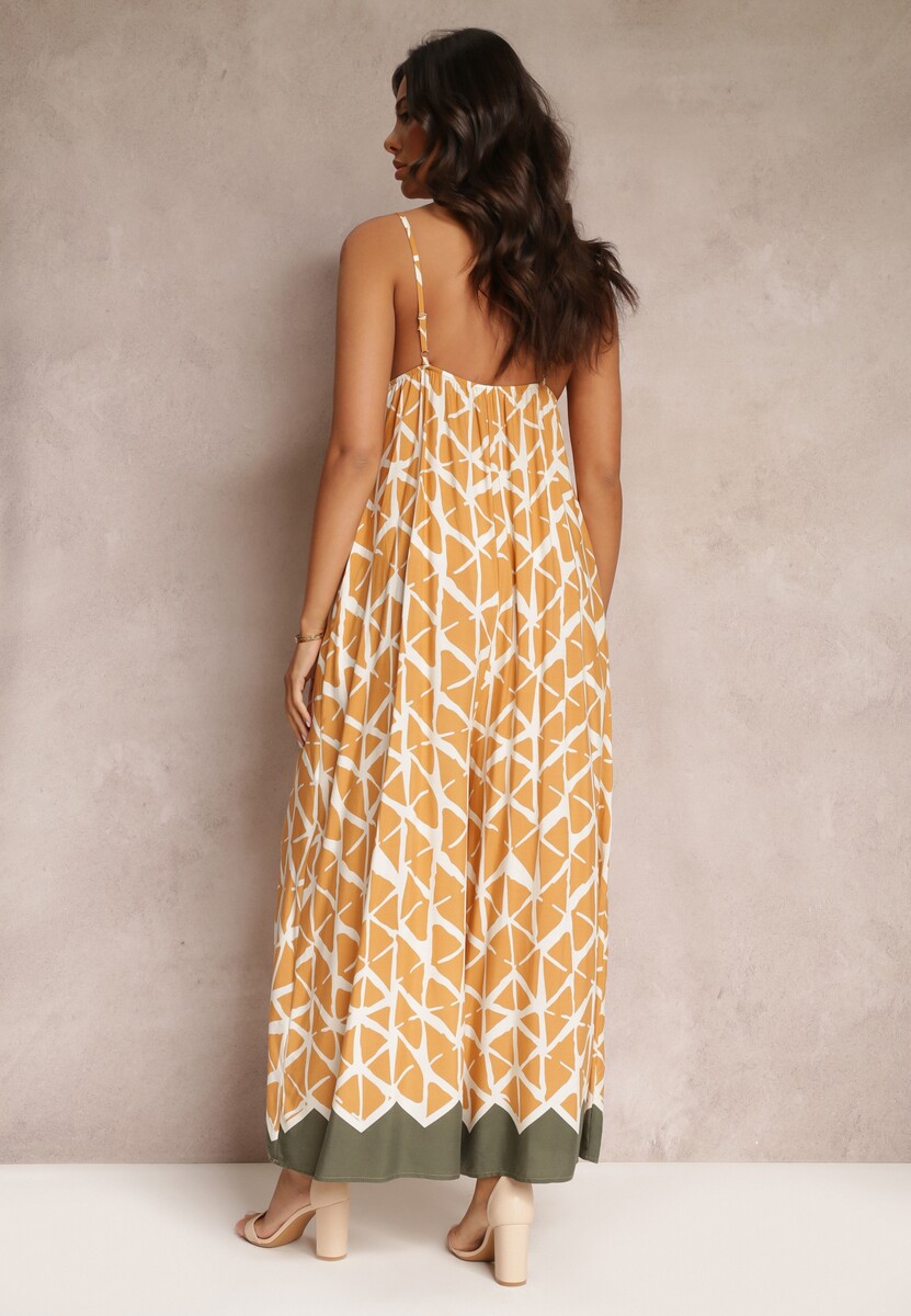 Jasnobrązowy Wiskozowy Kombinezon w Geometryczne Wzory na Ramiączkach Evera