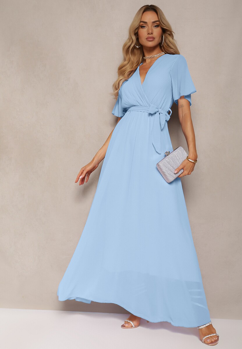 Czarna Plisowana Sukienka z Kopertowym Dekoltem i Gumką w Talii Dimitris