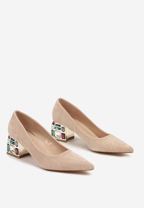 Beżowe Szpiczaste Czółenka na Kwadratowym Obcasie z Imitacją Diamentów Lerisetta
