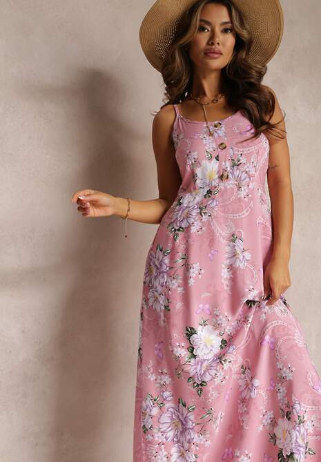 Różowa Sukienka w Kwiaty na Ramiączkach Lydienne