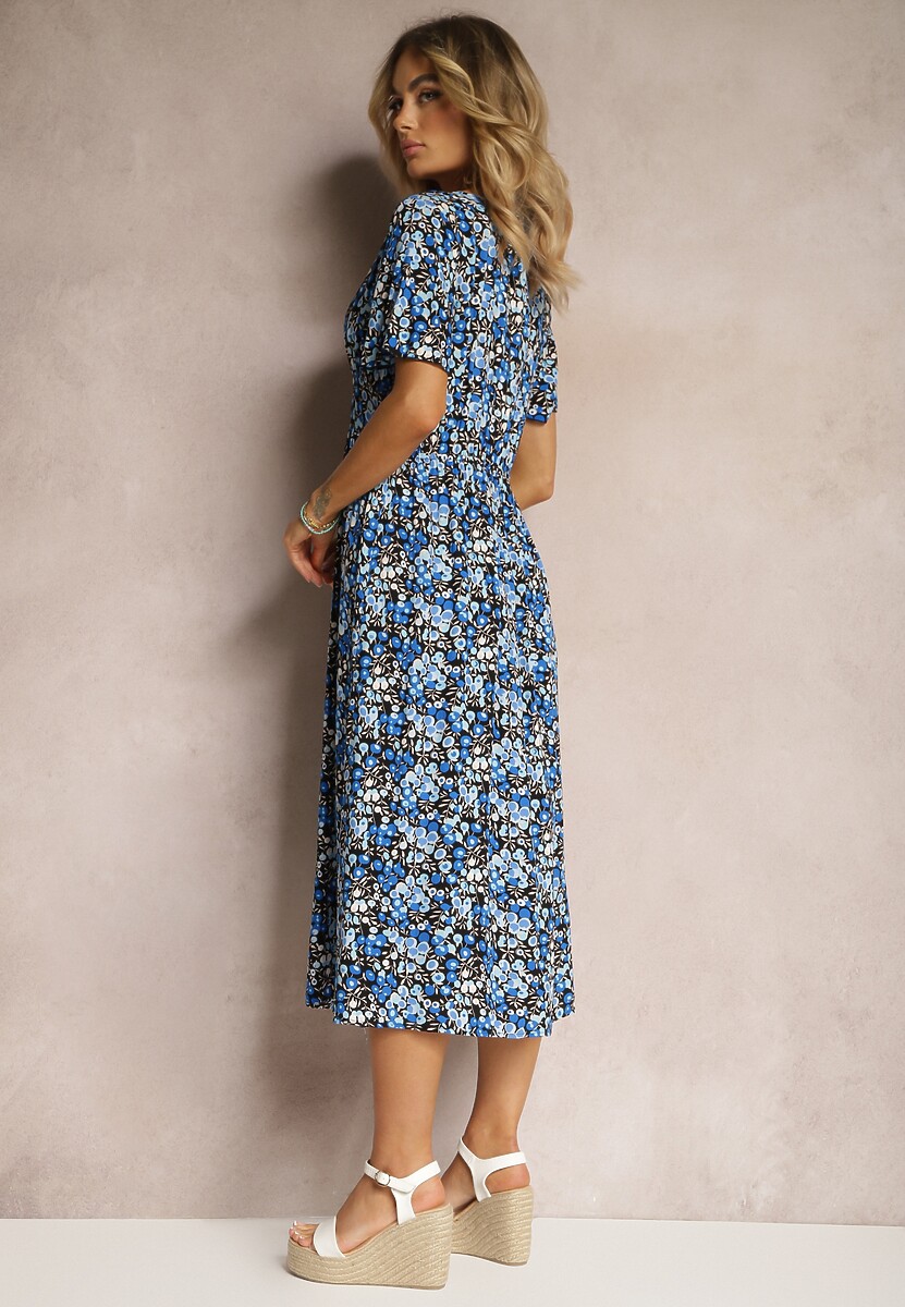 Niebiesko-Granatowa Wiskozowa Sukienka z Guzikami w Kwiecisty Wzór z Trójkątnym Dekoltem Neliafa