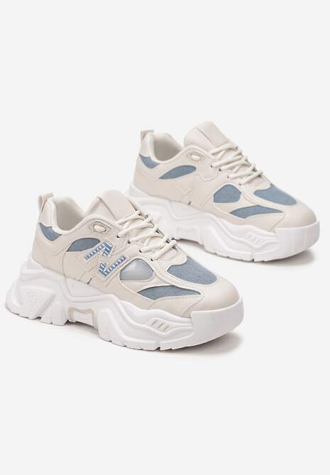 Beżowo-Niebieskie Sneakersy na Platformie Ozdobione Naszywką Nivaler