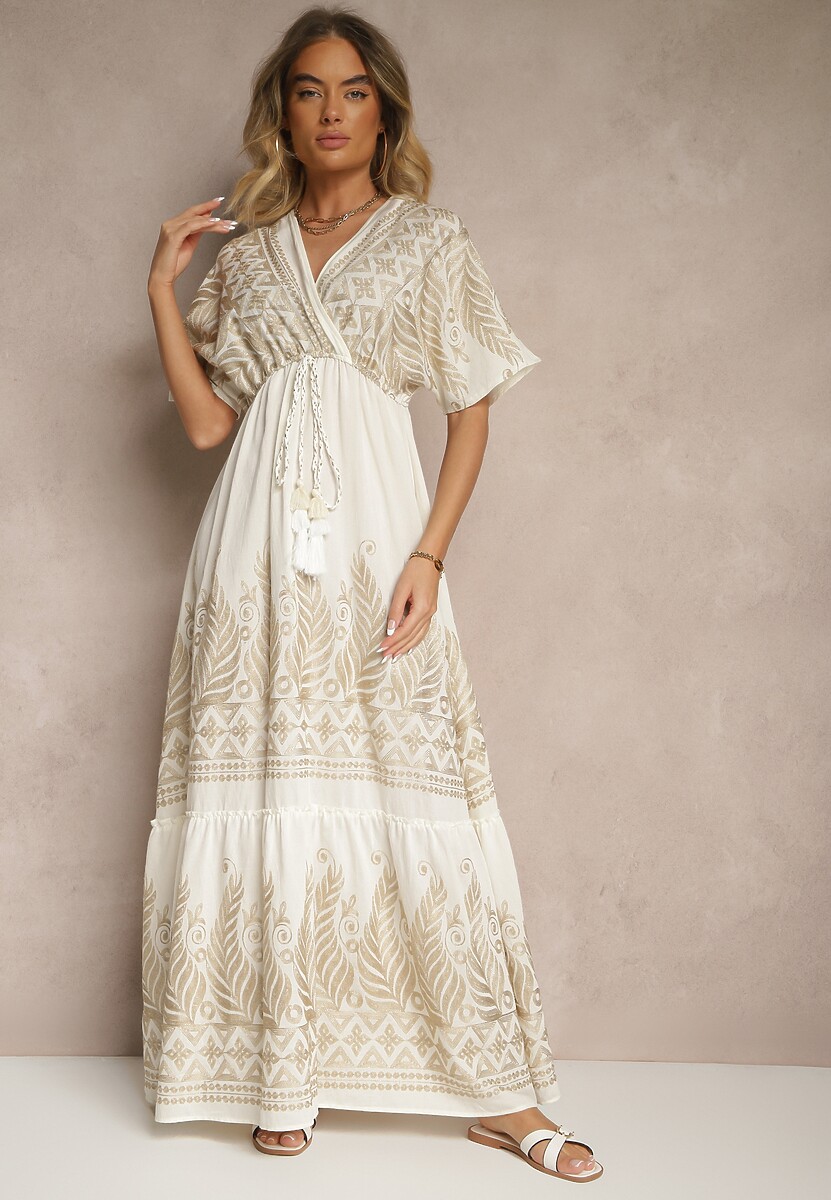 Jasnobeżowa Wiskozowa Sukienka Kopertowym Dekoltem i Frędzlami Redevie