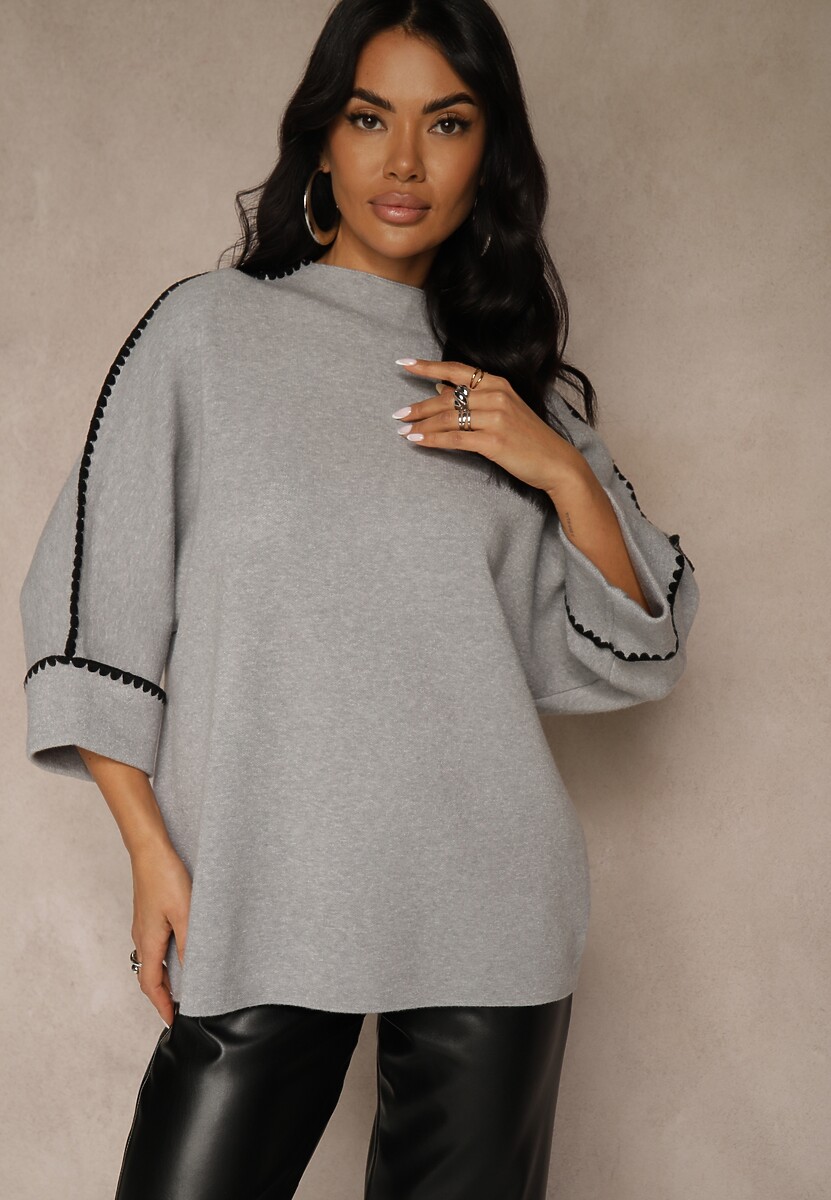 Szary Sweter Ozdobiony Lamówką na Rękawach Tusenna