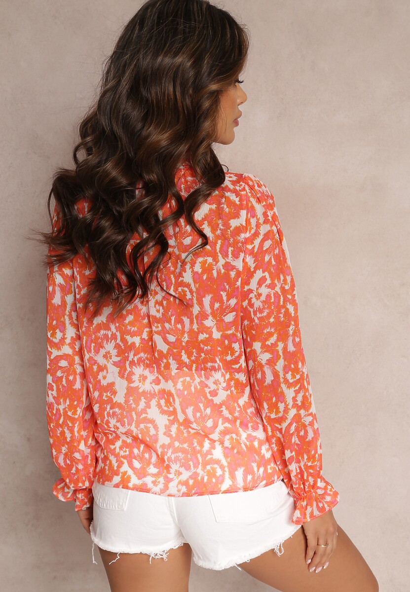 Pomarańczowa Koszula w Kwiaty z Falbanką przy Dekolcie i Rękawach Navy