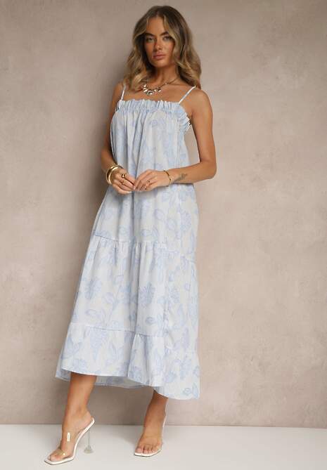 Niebieska Bawełniana Sukienka o Rozkloszowanym Kroju w Kwiaty Meralisa