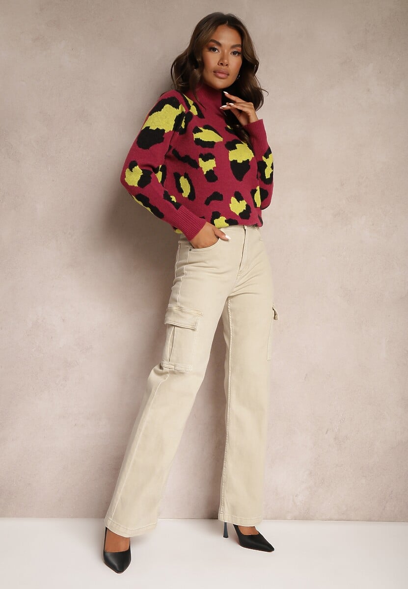 Jasnobeżowe Jeansy Cargo High Waist z Kieszeniami Anora