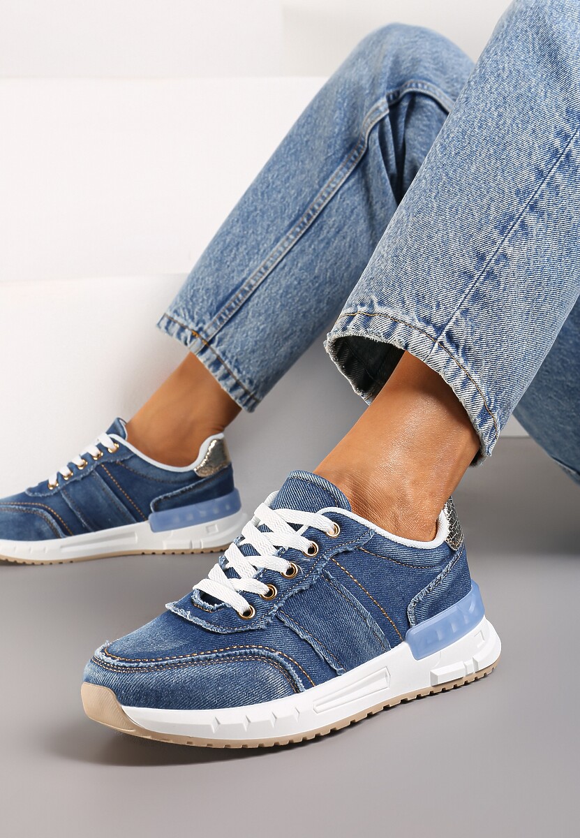 Granatowe Sneakersy z Jeansowego Materiału ze Złotymi Wstawkami i Ozdobnymi Przeszyciami Anilema